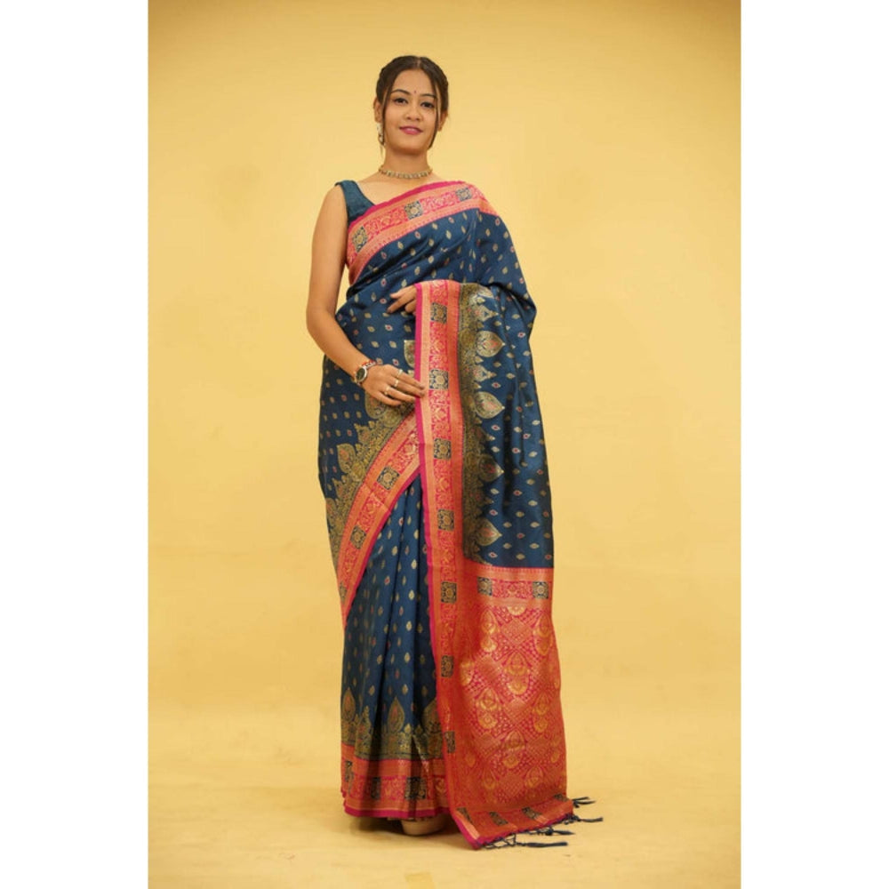 Isadora Life Womens Woven Tassels Blue Pre-Draped Saree With Unstitched Blouse
