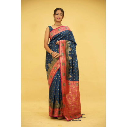 Isadora Life Womens Woven Tassels Blue Pre-Draped Saree With Unstitched Blouse