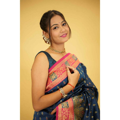 Isadora Life Womens Woven Tassels Blue Pre-Draped Saree With Unstitched Blouse