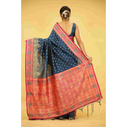 Isadora Life Womens Woven Tassels Blue Pre-Draped Saree With Unstitched Blouse