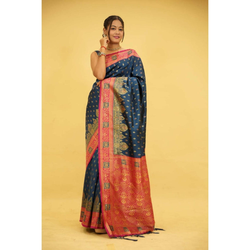 Isadora Life Womens Woven Tassels Blue Pre-Draped Saree With Unstitched Blouse