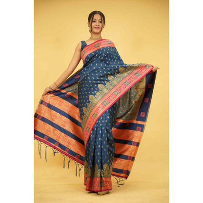 Isadora Life Womens Woven Tassels Blue Pre-Draped Saree With Unstitched Blouse