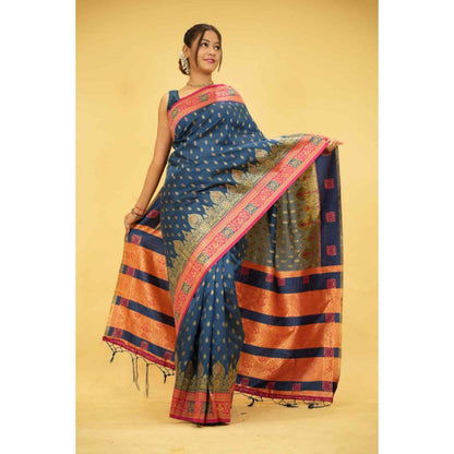 Isadora Life Womens Woven Tassels Blue Pre-Draped Saree With Unstitched Blouse