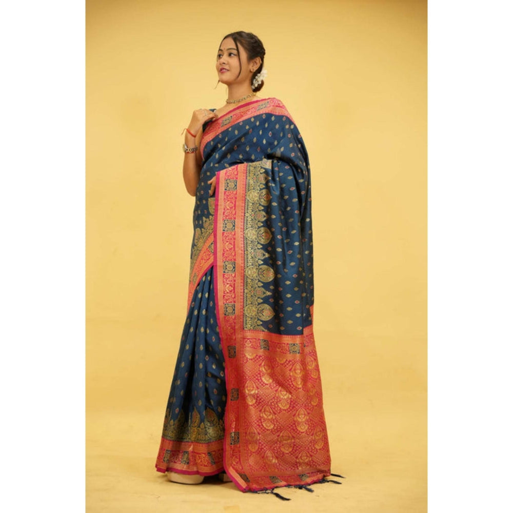 Isadora Life Womens Woven Tassels Blue Pre-Draped Saree With Unstitched Blouse