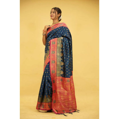 Isadora Life Womens Woven Tassels Blue Pre-Draped Saree With Unstitched Blouse