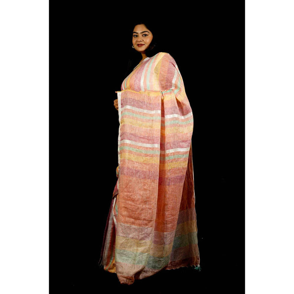 Isadora Life Womens Stripes Tassels Multi-Color Pre-Draped Saree With Unstitched Blouse