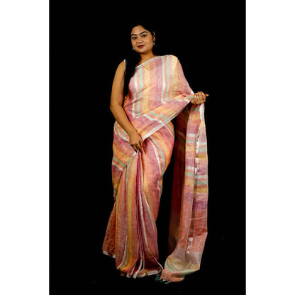 Isadora Life Womens Stripes Tassels Multi-Color Pre-Draped Saree With Unstitched Blouse