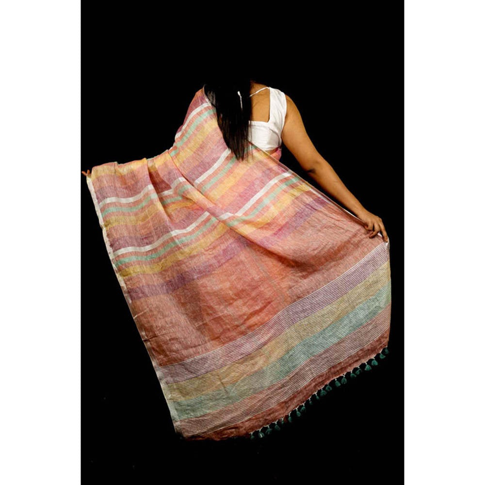 Isadora Life Womens Stripes Tassels Multi-Color Pre-Draped Saree With Unstitched Blouse