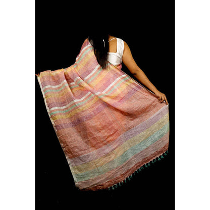 Isadora Life Womens Stripes Tassels Multi-Color Pre-Draped Saree With Unstitched Blouse