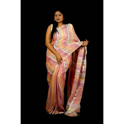Isadora Life Womens Stripes Tassels Multi-Color Pre-Draped Saree With Unstitched Blouse