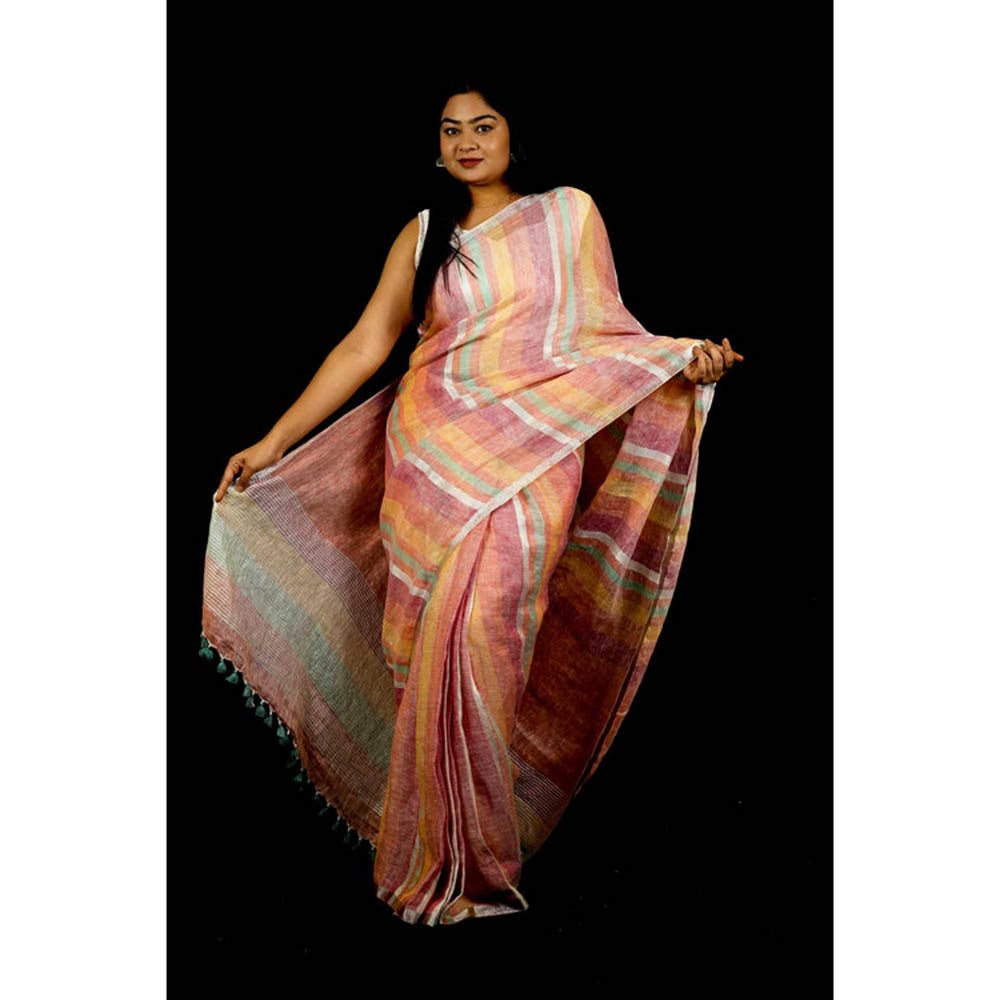 Isadora Life Womens Stripes Tassels Multi-Color Pre-Draped Saree With Unstitched Blouse