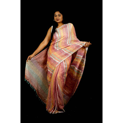 Isadora Life Womens Stripes Tassels Multi-Color Pre-Draped Saree With Unstitched Blouse