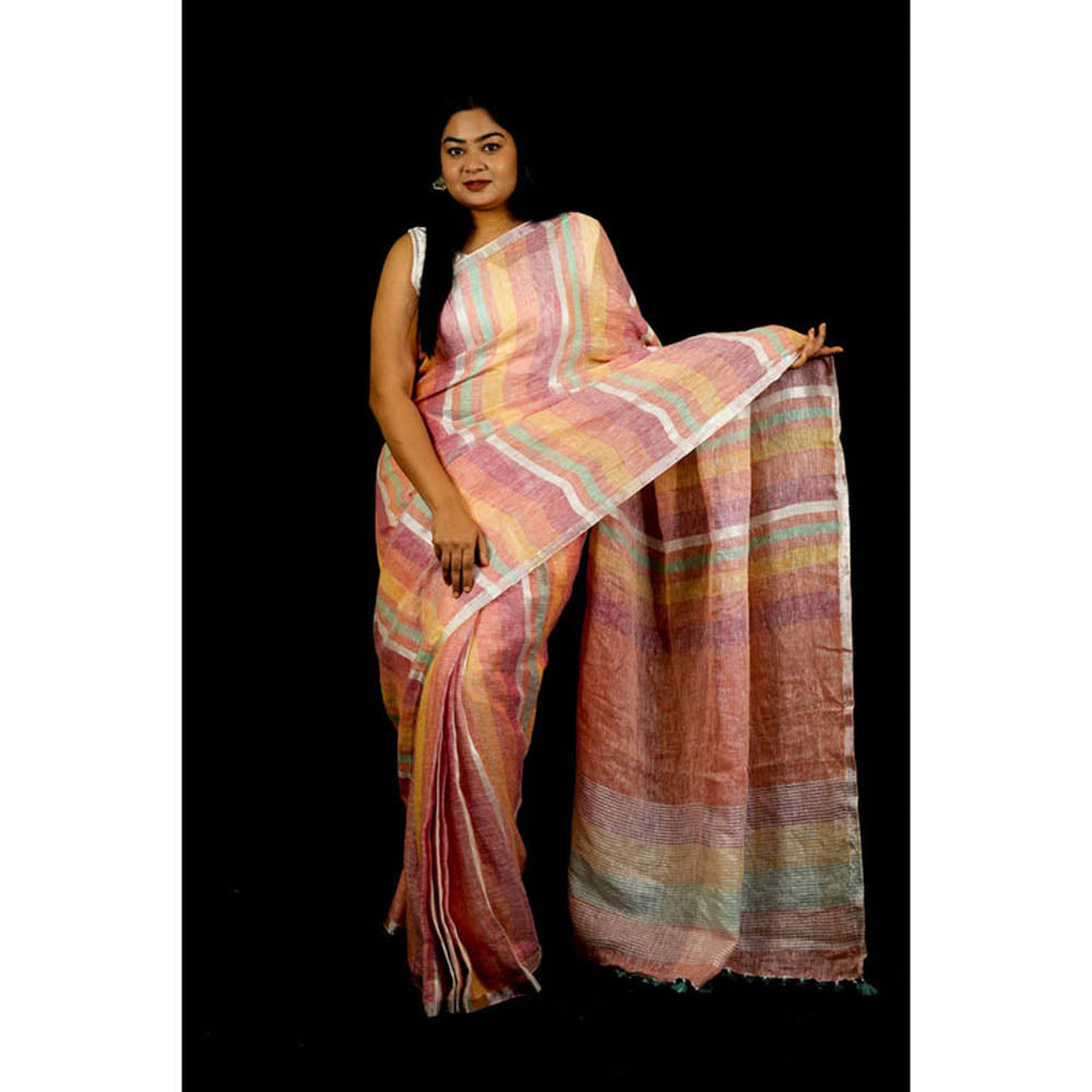 Isadora Life Womens Stripes Tassels Multi-Color Pre-Draped Saree With Unstitched Blouse