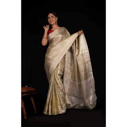 Isadora Life Womens Woven Zari Silver Pre-Draped Saree With Unstitched Blouse