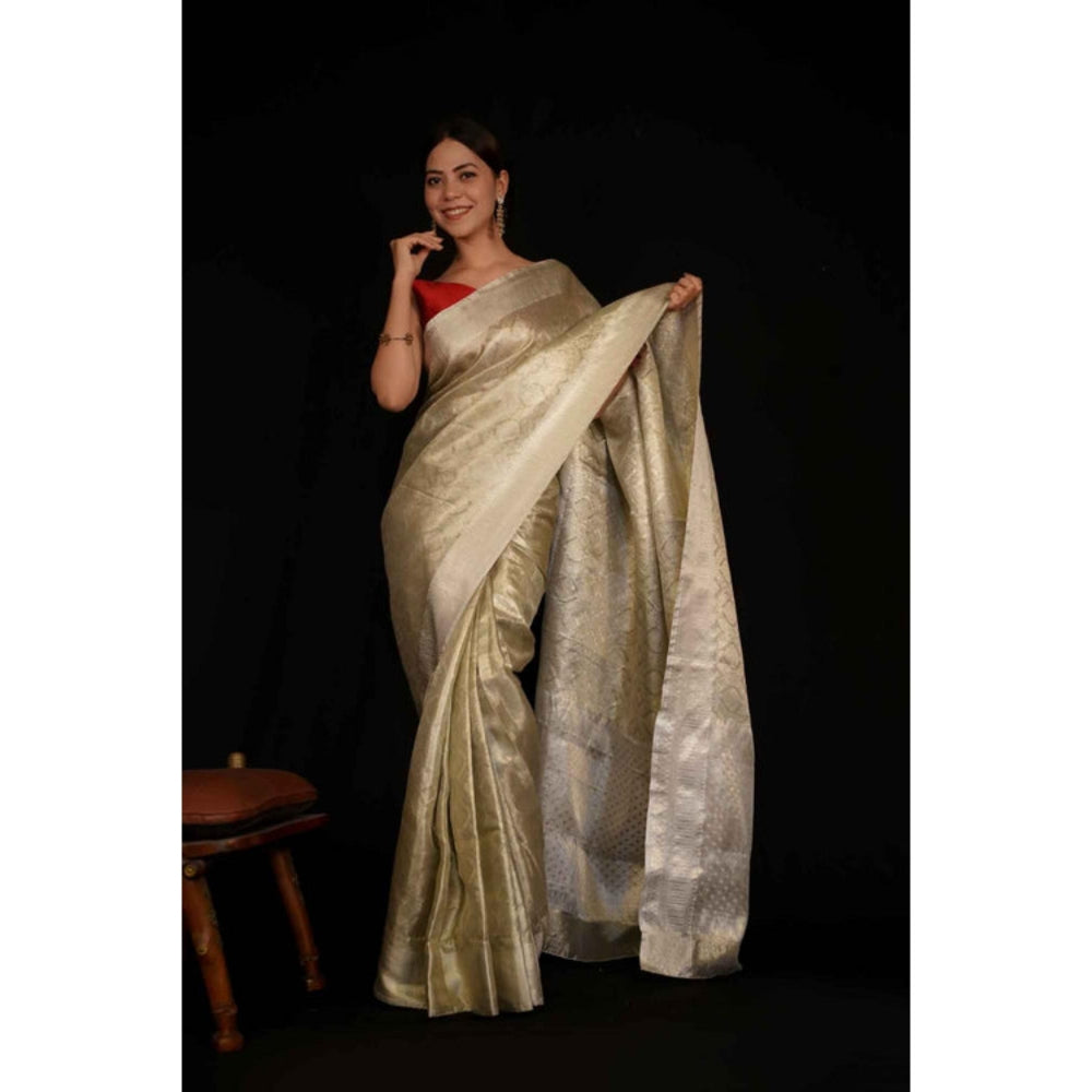 Isadora Life Womens Woven Zari Silver Pre-Draped Saree With Unstitched Blouse