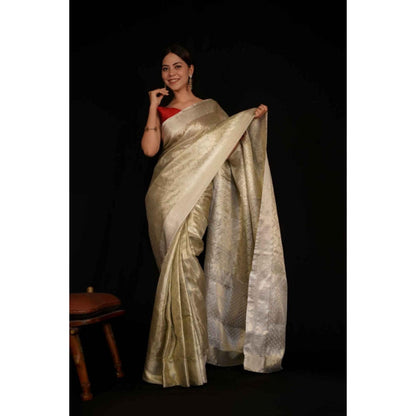 Isadora Life Womens Woven Zari Silver Pre-Draped Saree With Unstitched Blouse