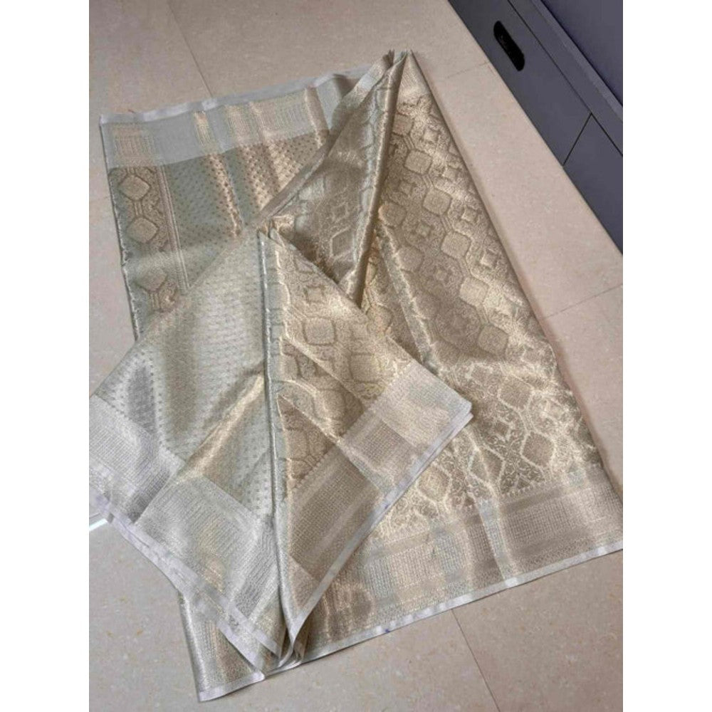 Isadora Life Womens Woven Zari Silver Pre-Draped Saree With Unstitched Blouse