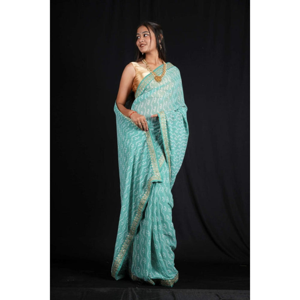 Isadora Life Womens Bandhani Printed Blue Pre-Draped Saree With Unstitched Blouse