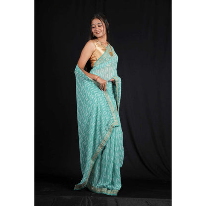 Isadora Life Womens Bandhani Printed Blue Pre-Draped Saree With Unstitched Blouse