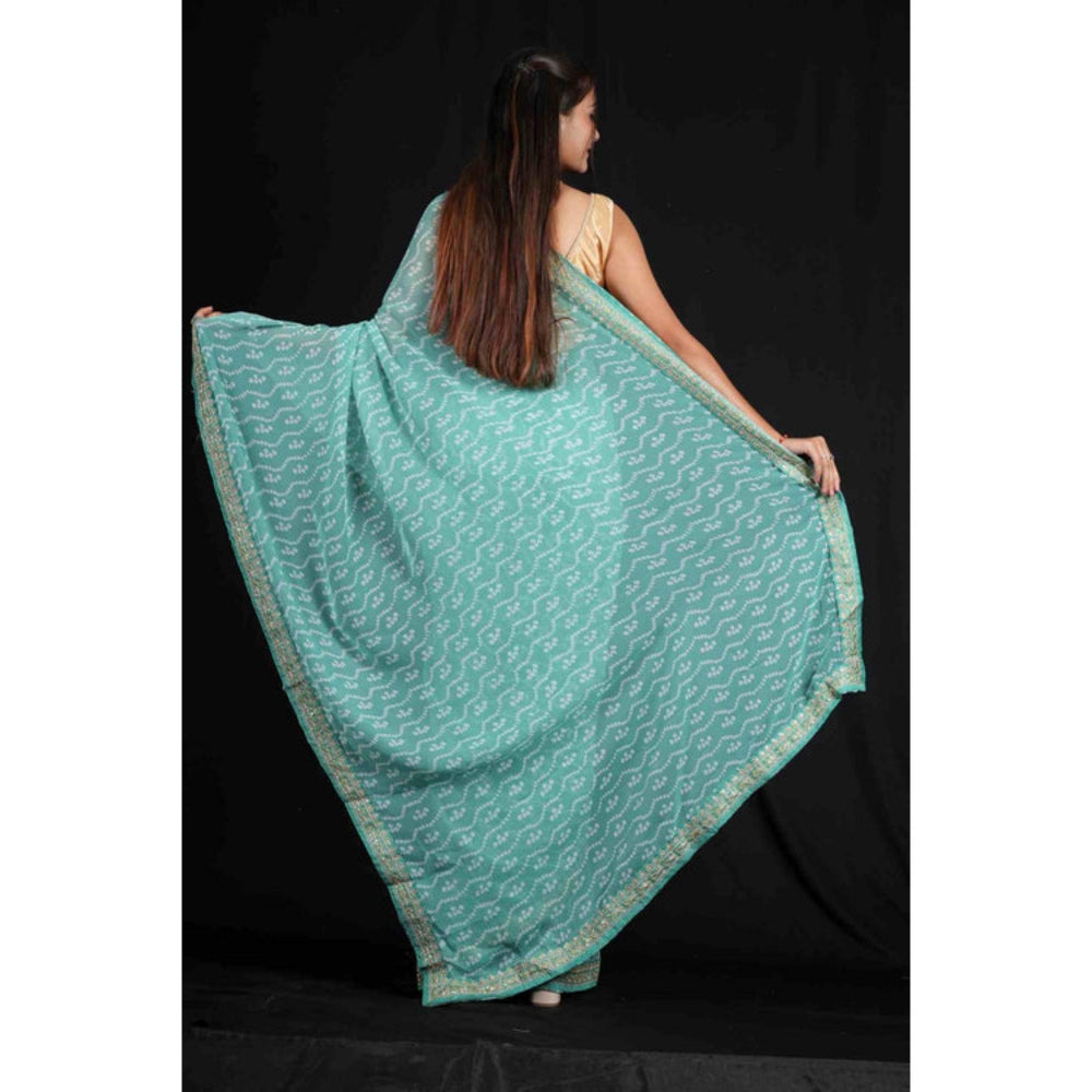 Isadora Life Womens Bandhani Printed Blue Pre-Draped Saree With Unstitched Blouse