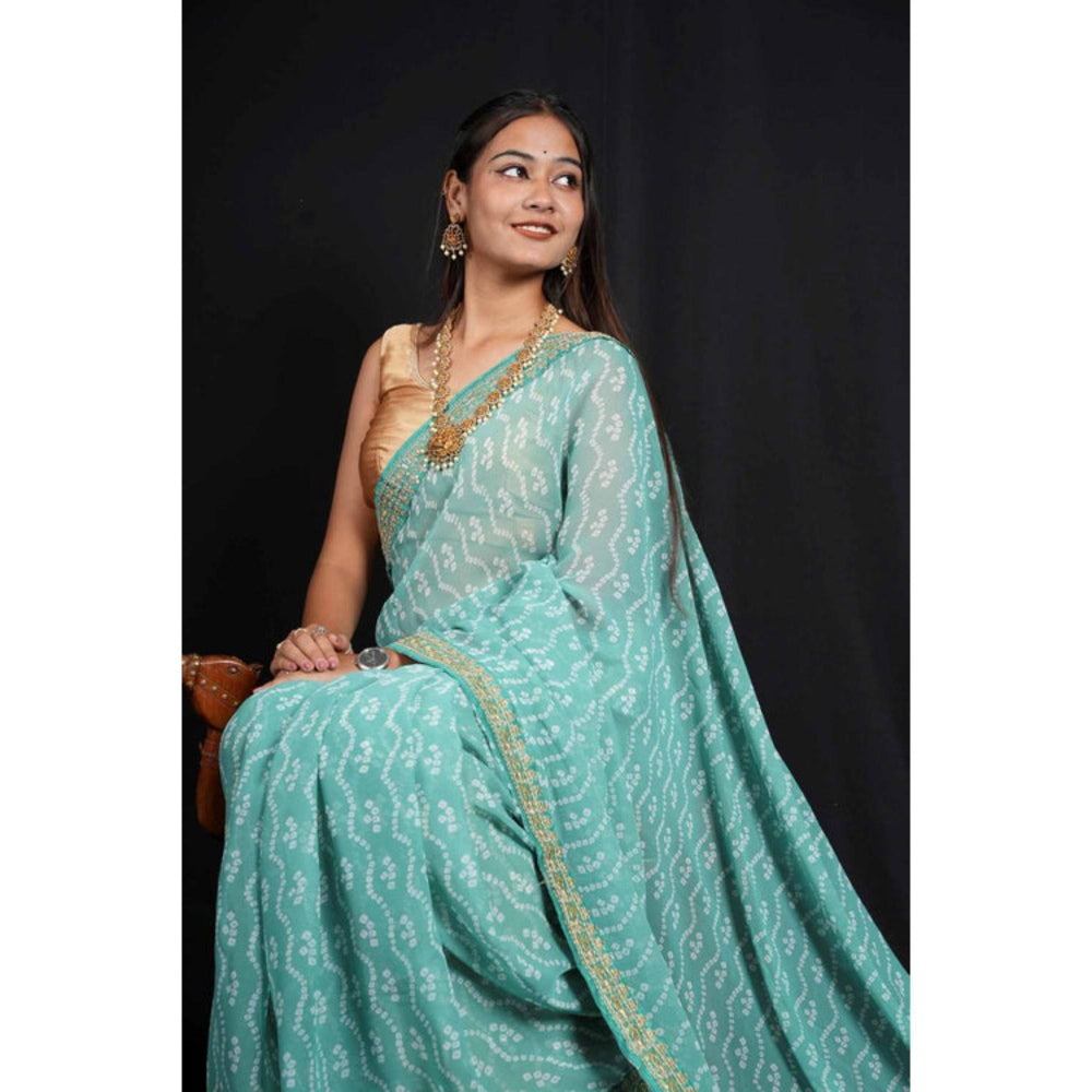 Isadora Life Womens Bandhani Printed Blue Pre-Draped Saree With Unstitched Blouse