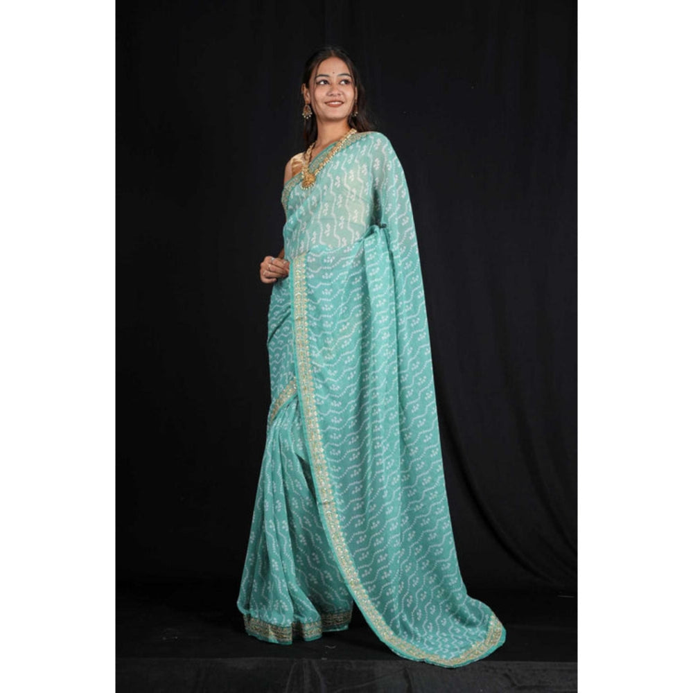 Isadora Life Womens Bandhani Printed Blue Pre-Draped Saree With Unstitched Blouse