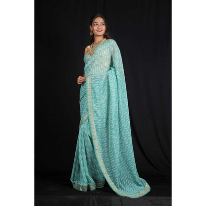 Isadora Life Womens Bandhani Printed Blue Pre-Draped Saree With Unstitched Blouse