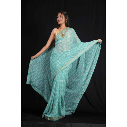 Isadora Life Womens Bandhani Printed Blue Pre-Draped Saree With Unstitched Blouse