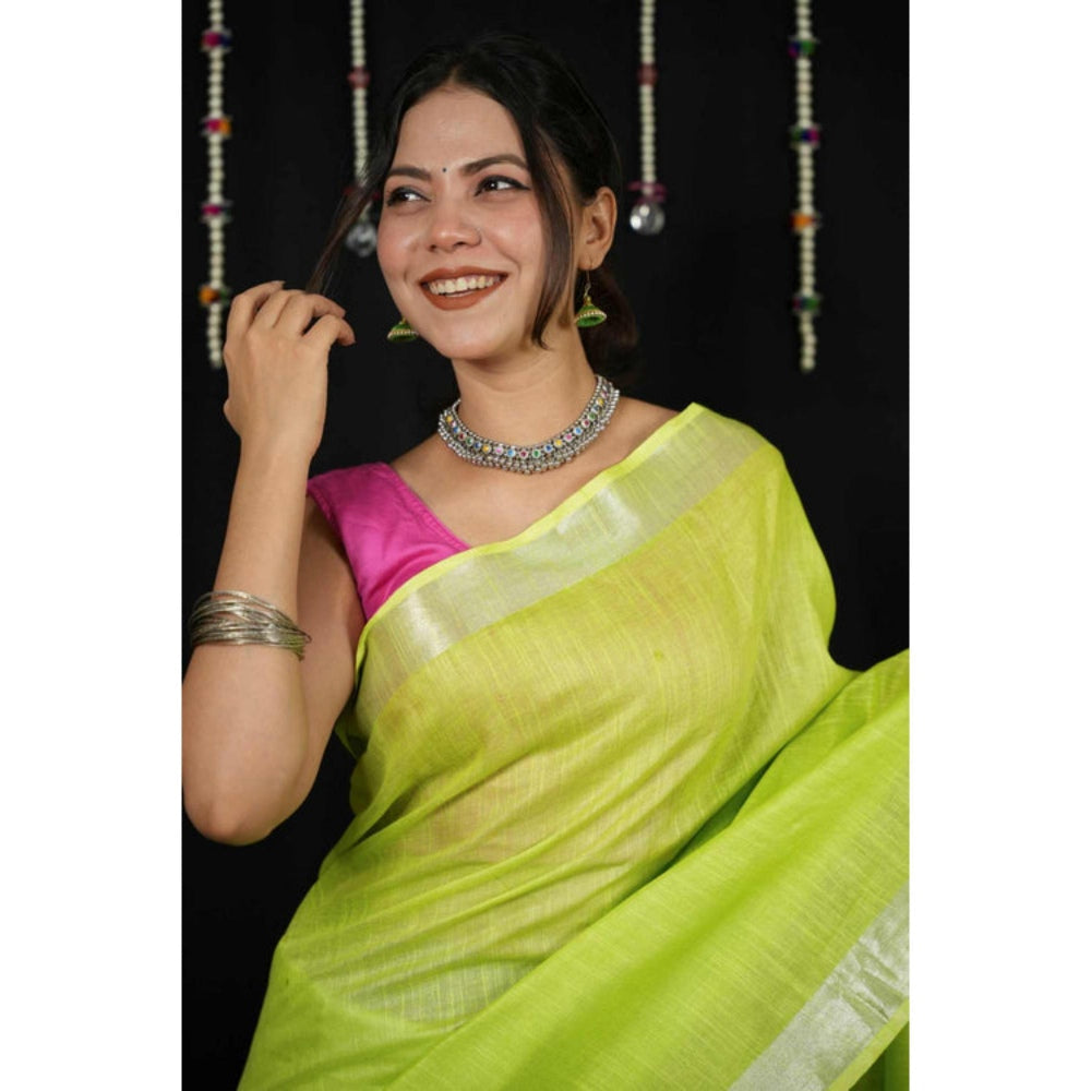 Isadora Life Womens Solid Tassels Green Pre-Draped Saree With Unstitched Blouse