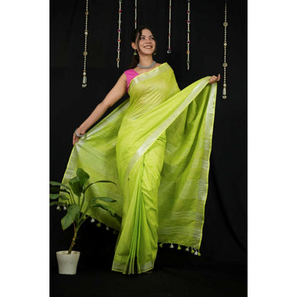 Isadora Life Womens Solid Tassels Green Pre-Draped Saree With Unstitched Blouse