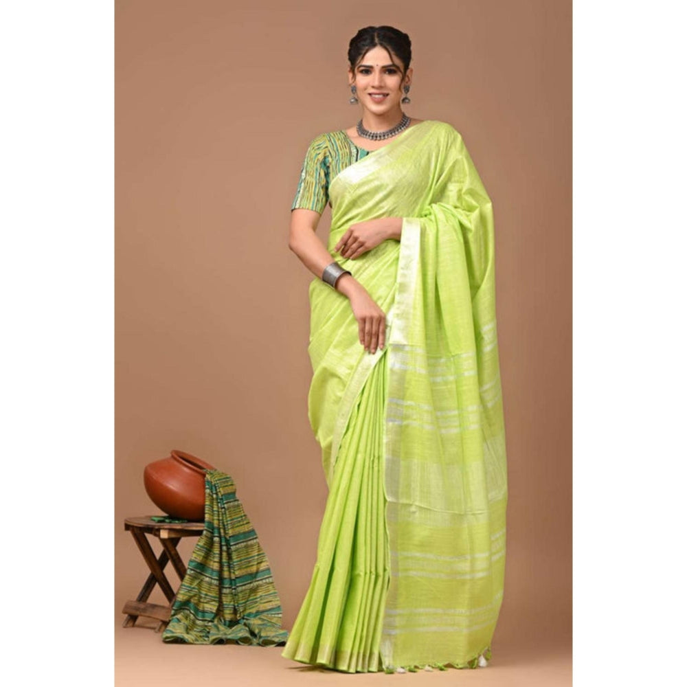 Isadora Life Womens Solid Tassels Green Pre-Draped Saree With Unstitched Blouse