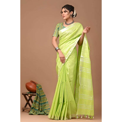 Isadora Life Womens Solid Tassels Green Pre-Draped Saree With Unstitched Blouse