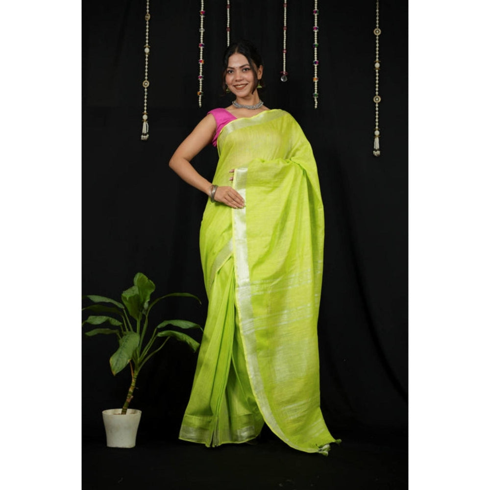 Isadora Life Womens Solid Tassels Green Pre-Draped Saree With Unstitched Blouse