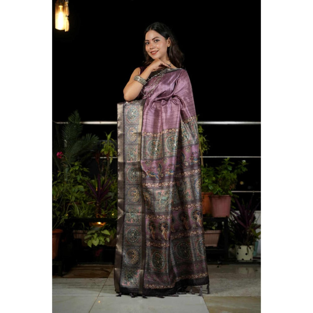 Isadora Life Womens Woven Kalamkari Purple Pre-Draped Saree With Unstitched Blouse