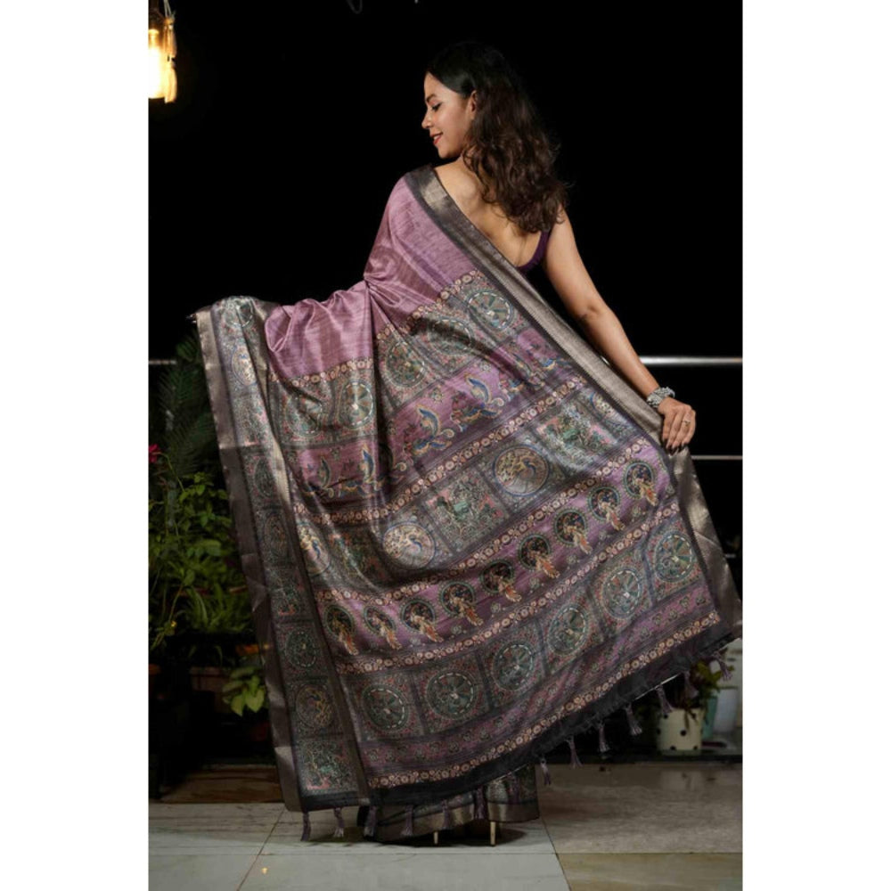 Isadora Life Womens Woven Kalamkari Purple Pre-Draped Saree With Unstitched Blouse