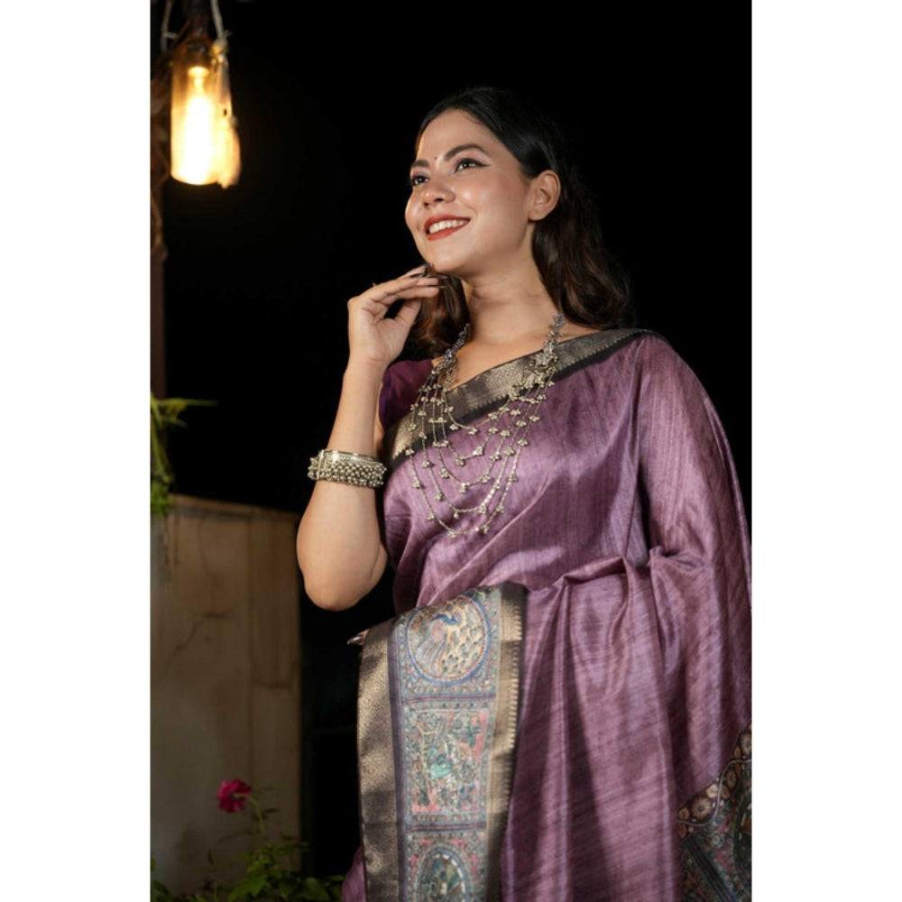 Isadora Life Womens Woven Kalamkari Purple Pre-Draped Saree With Unstitched Blouse