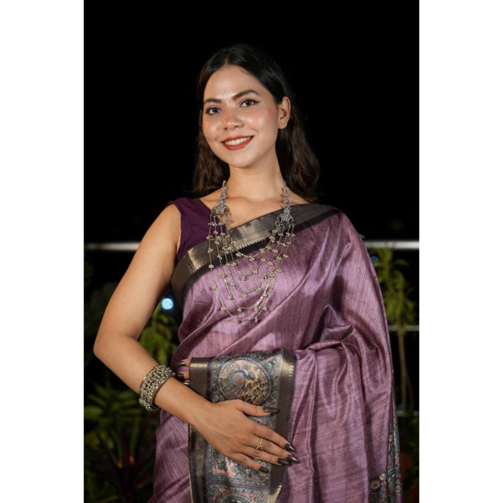 Isadora Life Womens Woven Kalamkari Purple Pre-Draped Saree With Unstitched Blouse