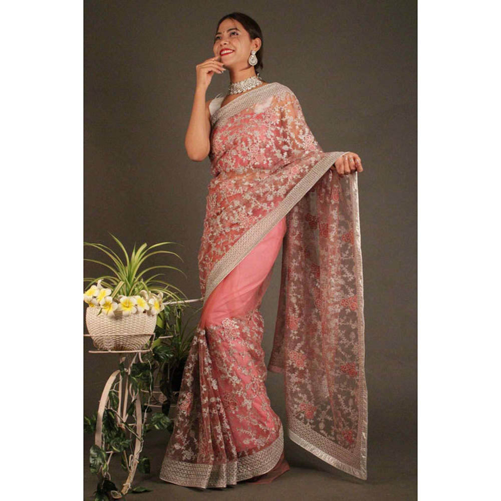 Isadora Life Womens Embroidered Sequined Peach Pre-Draped Saree With Unstitched Blouse