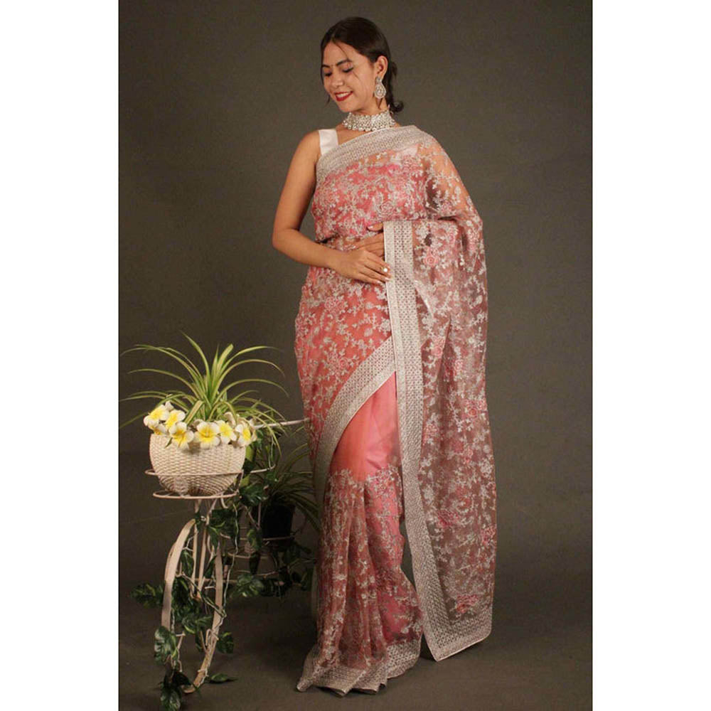 Isadora Life Womens Embroidered Sequined Peach Pre-Draped Saree With Unstitched Blouse