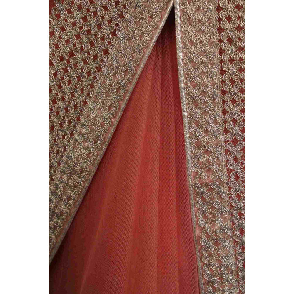 Isadora Life Womens Embroidered Sequined Peach Pre-Draped Saree With Unstitched Blouse