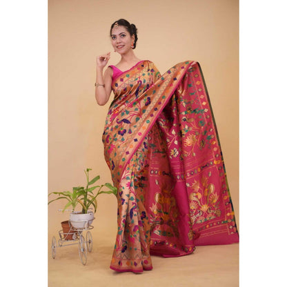 Isadora Life Womens Floral Zari Pink Pre-Draped Saree With Unstitched Blouse