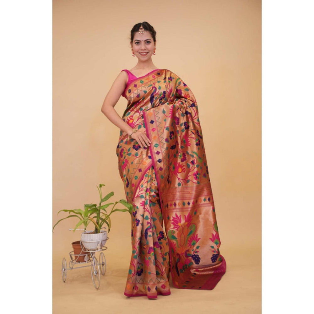 Isadora Life Womens Floral Zari Pink Pre-Draped Saree With Unstitched Blouse