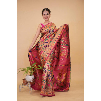 Isadora Life Womens Floral Zari Pink Pre-Draped Saree With Unstitched Blouse