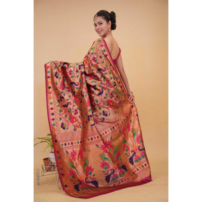 Isadora Life Womens Floral Zari Pink Pre-Draped Saree With Unstitched Blouse