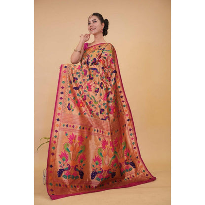 Isadora Life Womens Floral Zari Pink Pre-Draped Saree With Unstitched Blouse