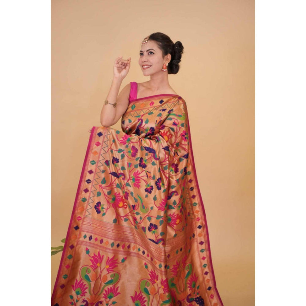 Isadora Life Womens Floral Zari Pink Pre-Draped Saree With Unstitched Blouse