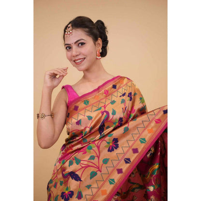 Isadora Life Womens Floral Zari Pink Pre-Draped Saree With Unstitched Blouse