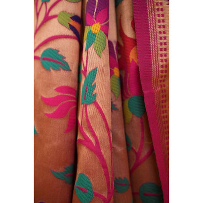 Isadora Life Womens Floral Zari Pink Pre-Draped Saree With Unstitched Blouse