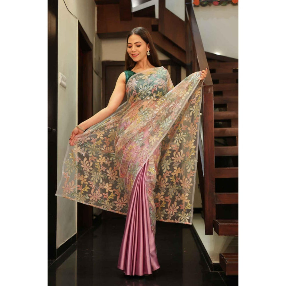 Isadora Life Womens Embroidered Sequined Pink Pre-Draped Saree With Unstitched Blouse