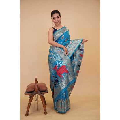 Isadora Life Womens Woven Zari Blue Pre-Draped Saree With Unstitched Blouse